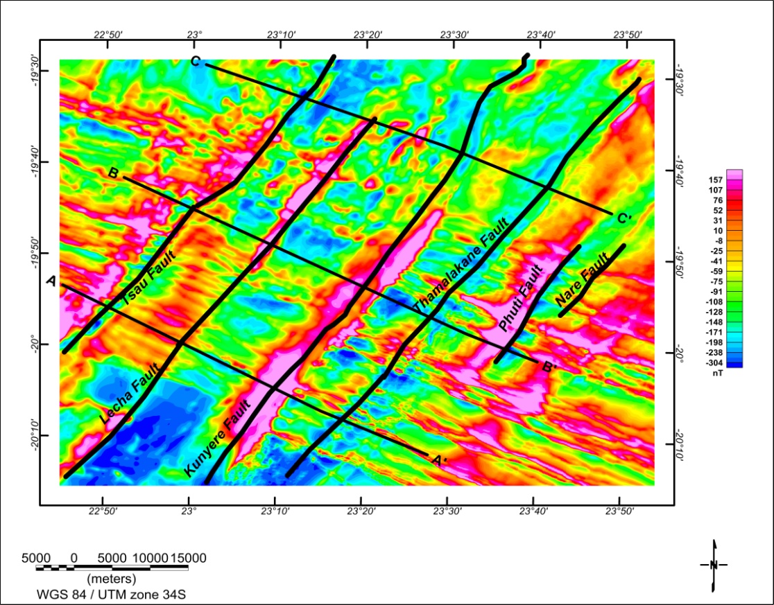 Total magnetic field intensities over the study area (Note location of the 3 profiles selected across the Faults in the study area